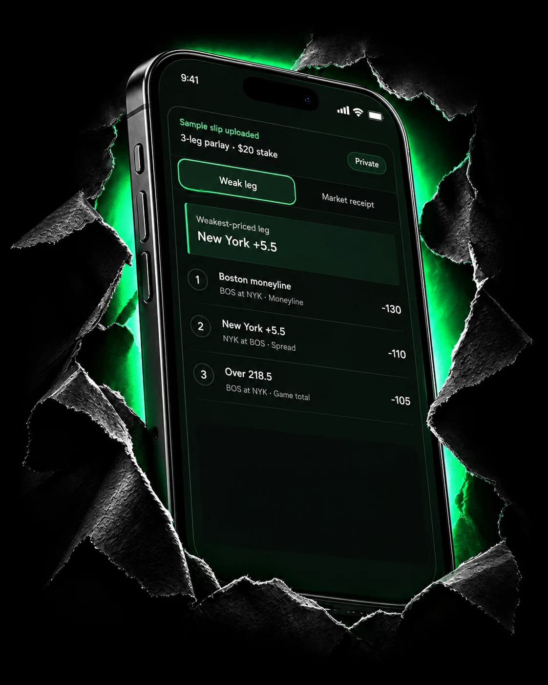 A phone emerging through black paper, showing a sample TailGate weak-leg analysis.